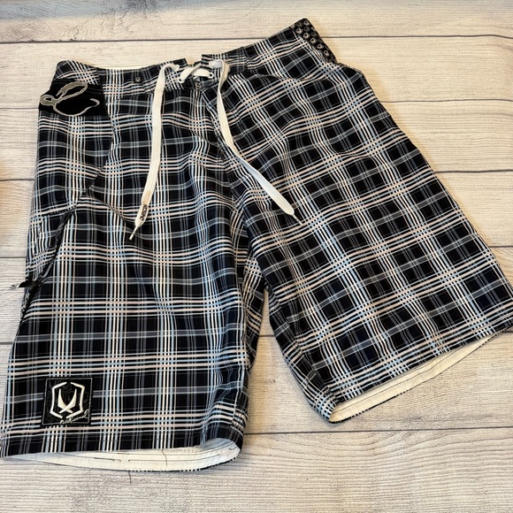 Black and White Plaid Men Swim Board Shorts - Picture 1 of 10